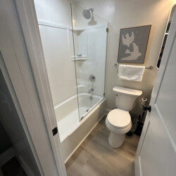 Modern bathroom with glass-enclosed shower, toilet, towel rack, and framed art on the wall above the toilet.