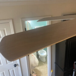Screenshot A ceiling fan blade blocks the doorway to a bathroom with an open toilet lid and a trash bag visible.