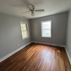 Empty room with hardwood floor, gray walls, two windows, and a white ceiling fan with a light fixture.
