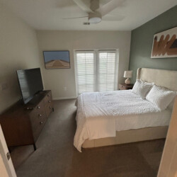 Modern bedroom with a neatly made bed, TV on a dresser, two windows, and minimalist decor.
